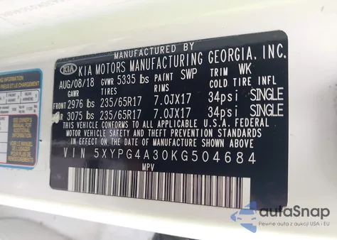 2019 Kia Sorento 2.4L Lx z USA, uszkodzony, nr VIN 5XYPG4A30KG504684